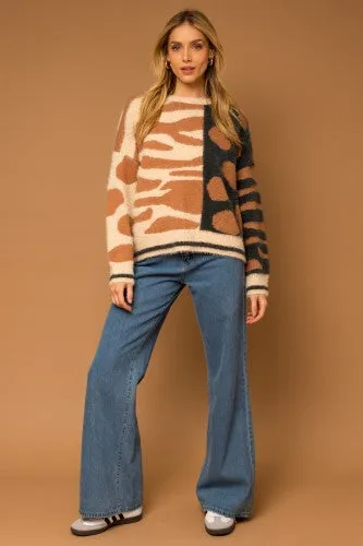 Taupe   Charcoal LS Mix Animal Print Sweater