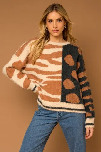 Taupe   Charcoal LS Mix Animal Print Sweater