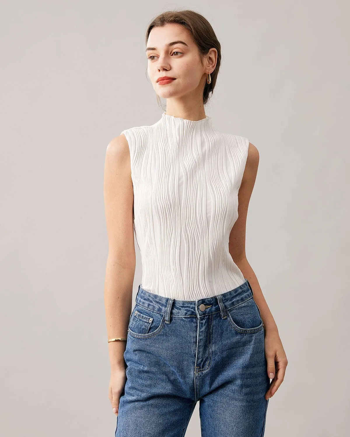 The Solid Mock Neck Water Ripple Textured Tank Top