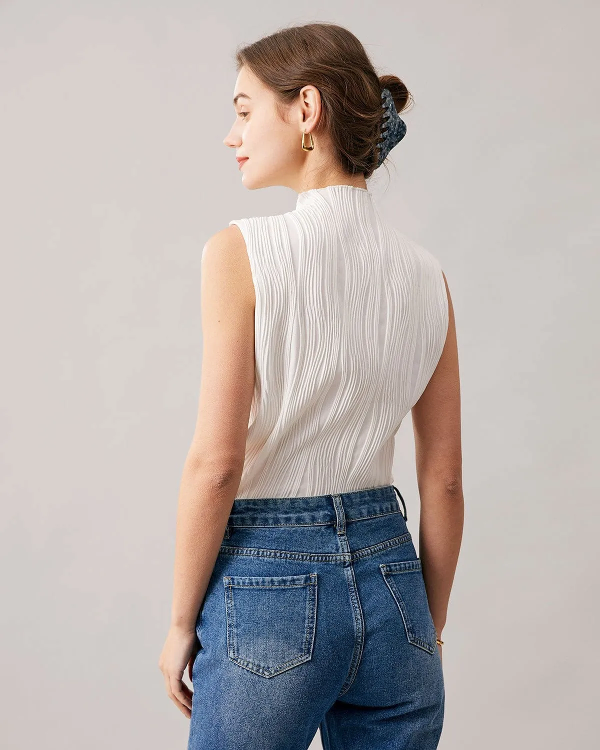 The Solid Mock Neck Water Ripple Textured Tank Top