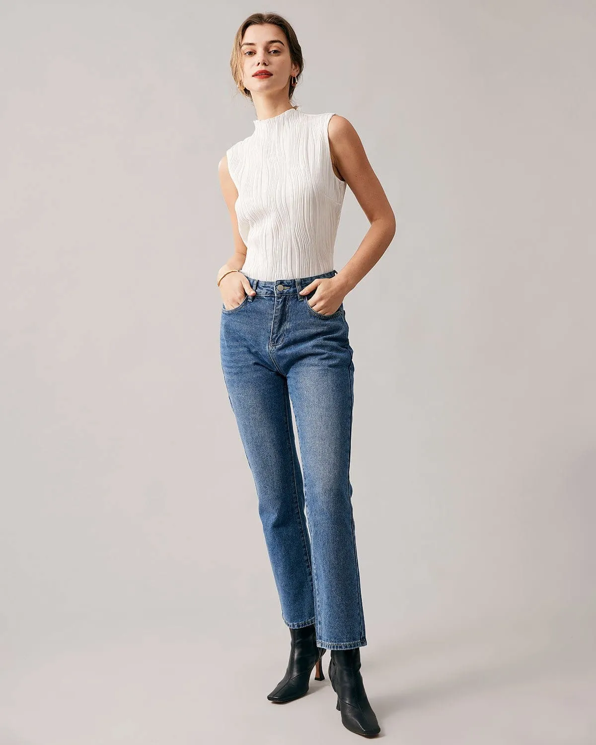 The Solid Mock Neck Water Ripple Textured Tank Top