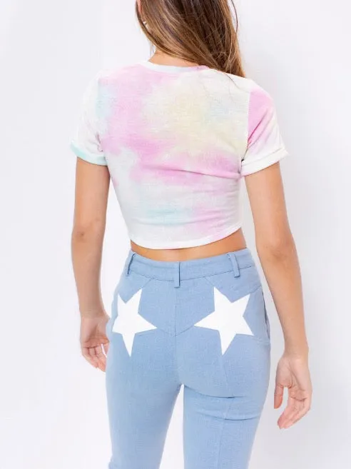 Tie Dye Short Sleeve Tie Crop Top