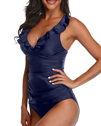 Tummy Control Ruffle Tankini Swimwear For Women-Navy Blue