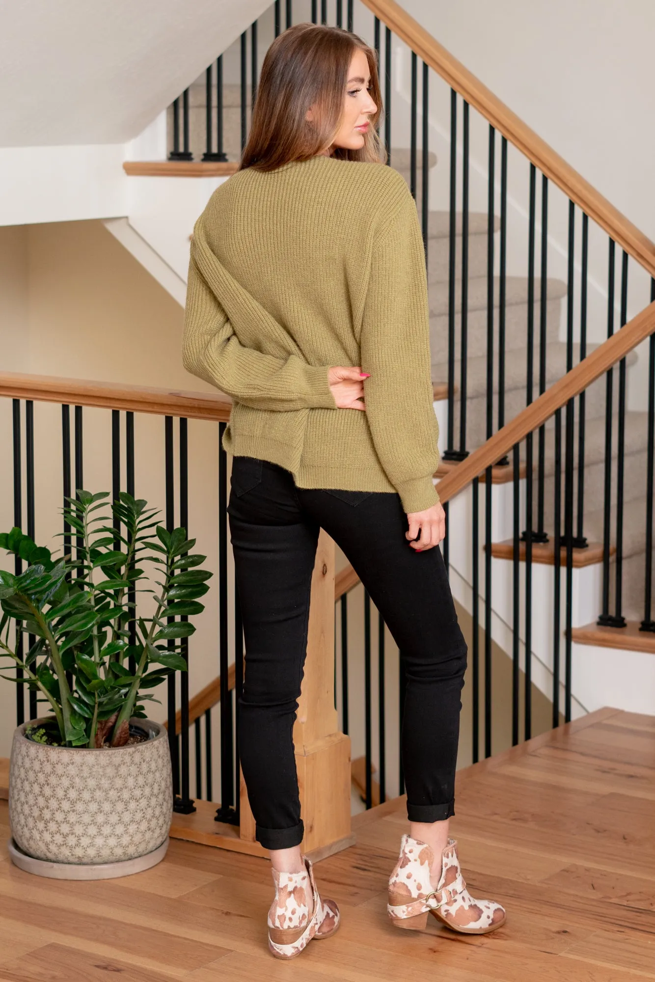 Twisted Front Sweater Top - Olive