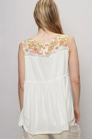 V-Neck A-Line Sleeveless Floral Top by POL - Off White