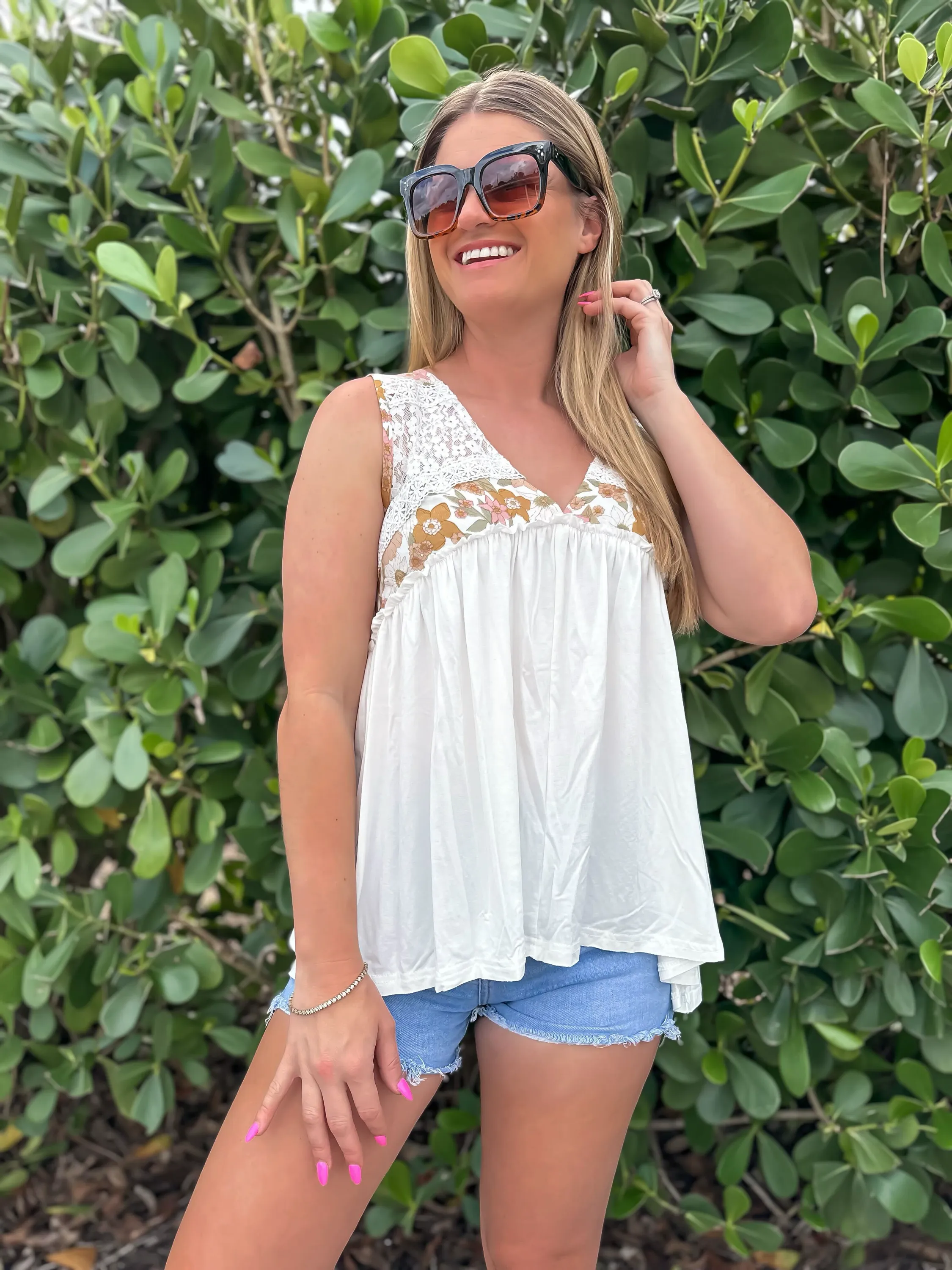 V-Neck A-Line Sleeveless Floral Top by POL - Off White