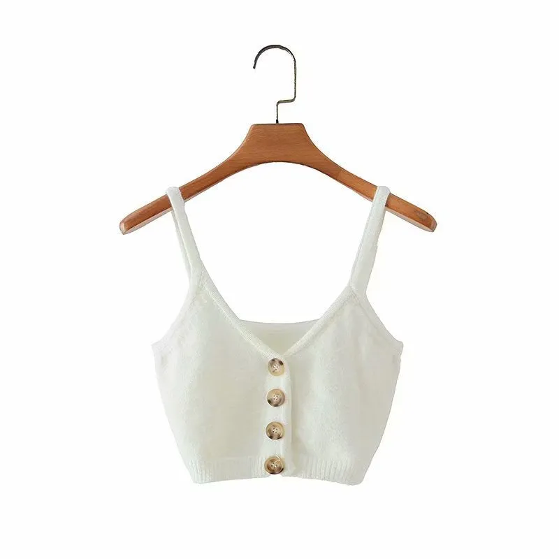 V-neck Knit Suspenders Tank Tops and Single-breasted Cardigans Two-piece Set