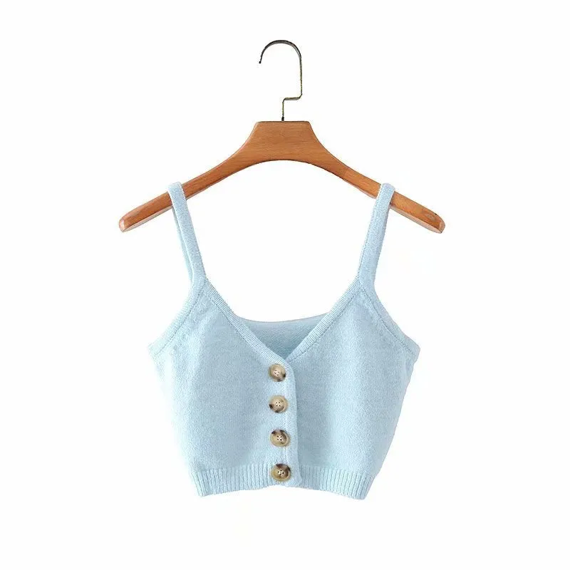 V-neck Knit Suspenders Tank Tops and Single-breasted Cardigans Two-piece Set