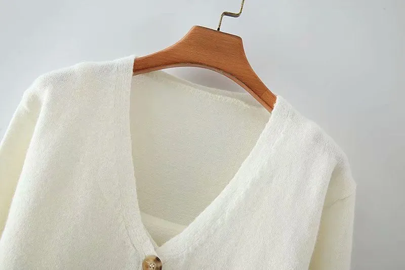V-neck Knit Suspenders Tank Tops and Single-breasted Cardigans Two-piece Set