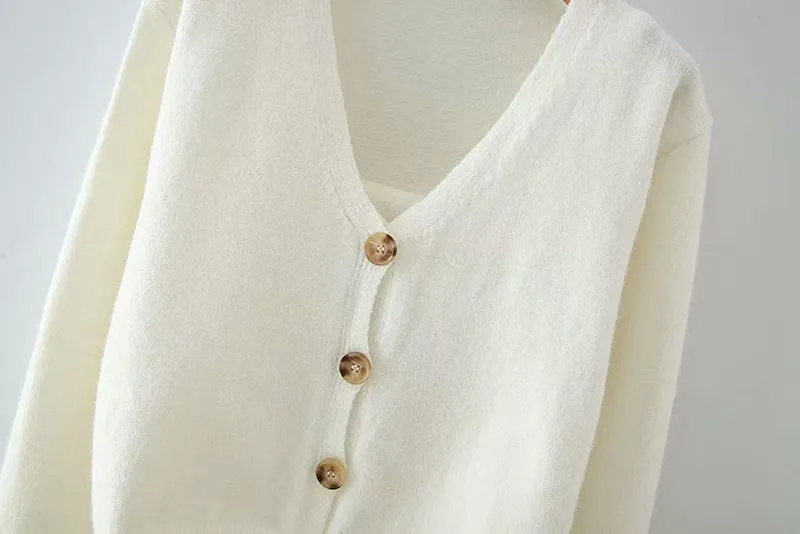 V-neck Knit Suspenders Tank Tops and Single-breasted Cardigans Two-piece Set