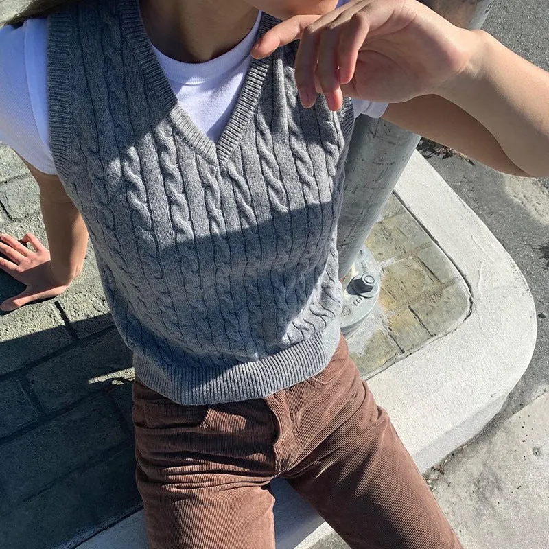 V-neck Knitting Lattice Crop Vest Sweater