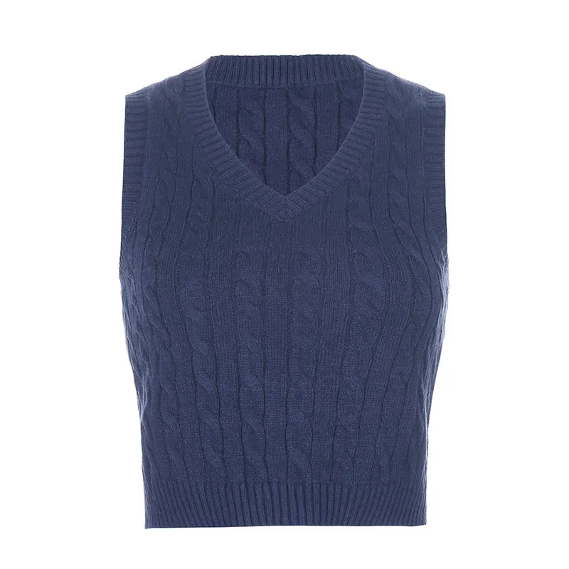 V-neck Knitting Lattice Crop Vest Sweater