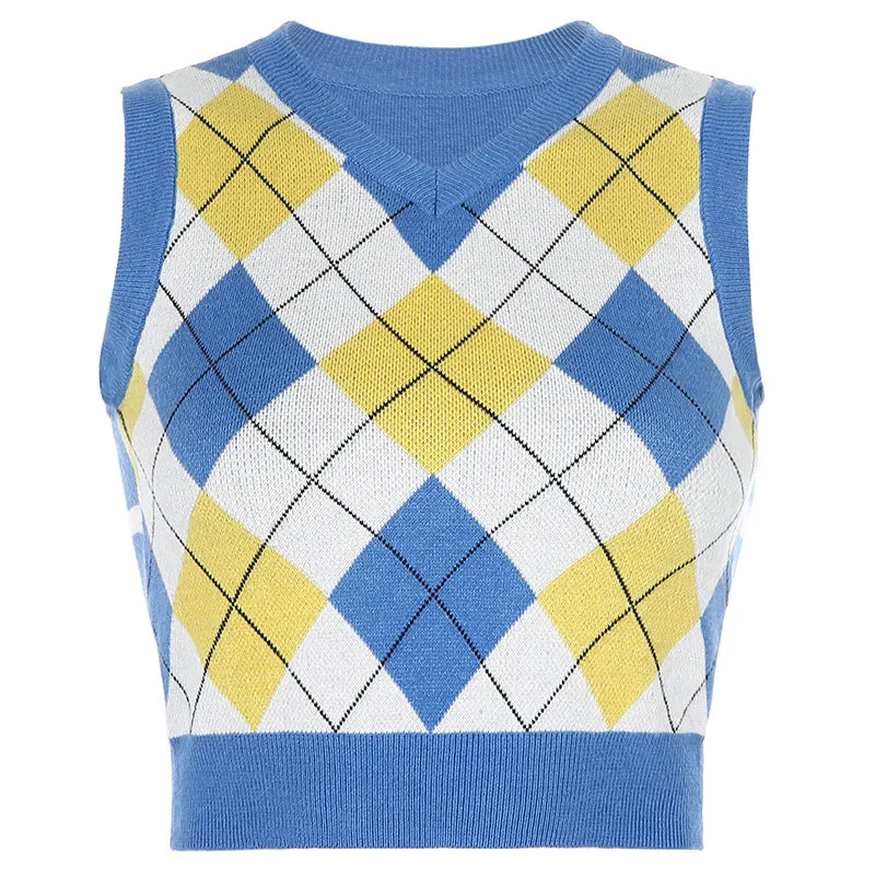 V-neck Knitting Lattice Crop Vest Sweater