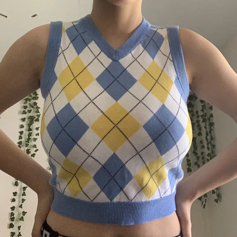 V-neck Knitting Lattice Crop Vest Sweater