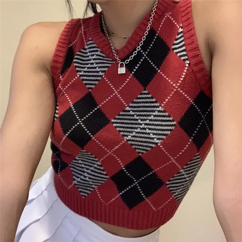 V-neck Knitting Lattice Crop Vest Sweater