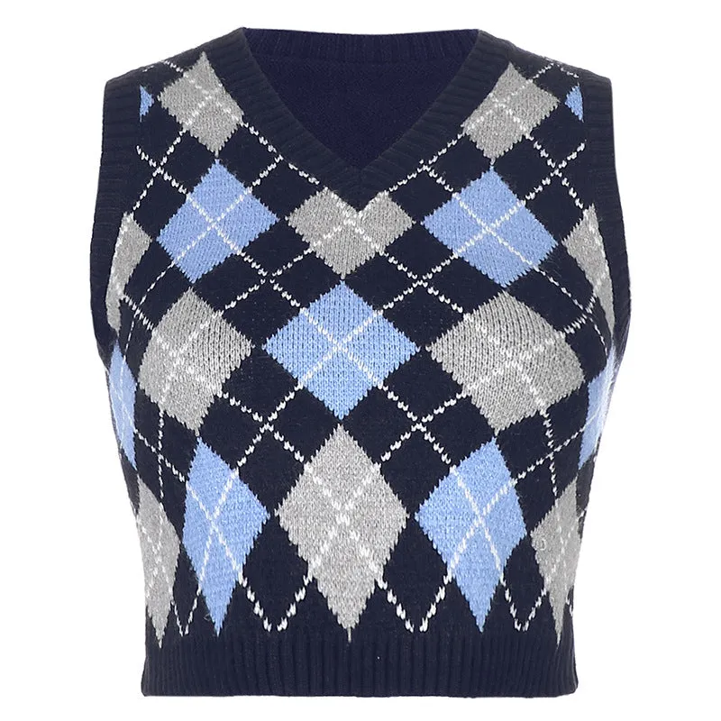 V-neck Knitting Lattice Crop Vest Sweater
