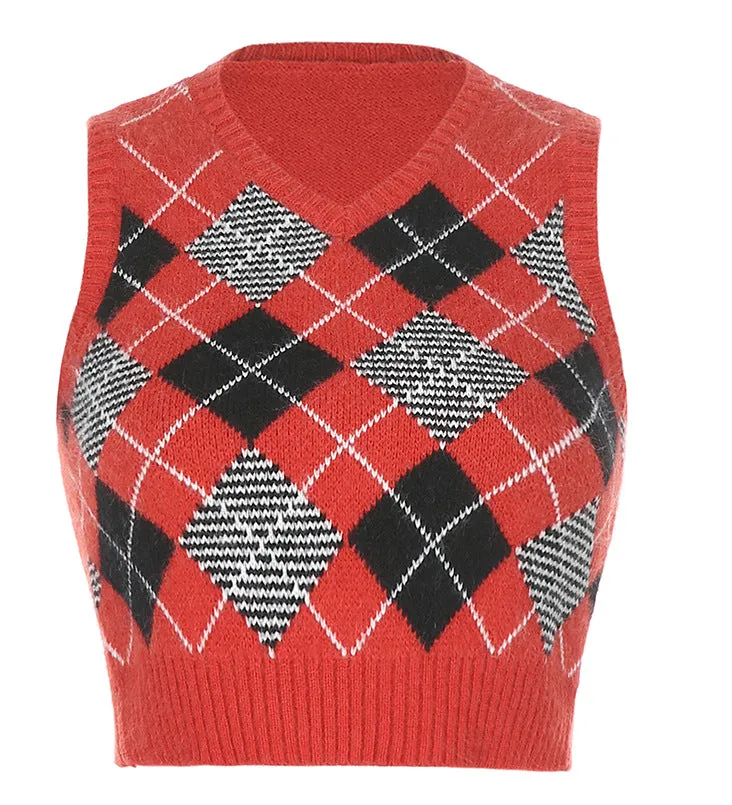 V-neck Knitting Lattice Crop Vest Sweater