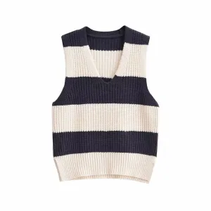 V Neck Striped Sleeveless Knit Top