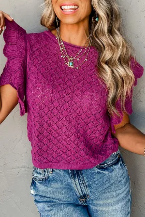 Violet Ruffle Short Sleeve Textured Knit Sweater
