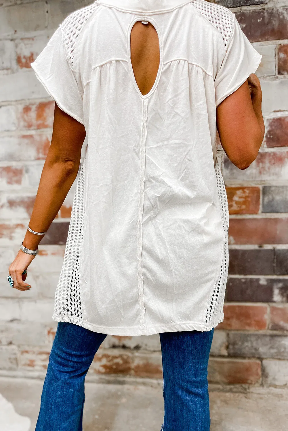 White Hollow Knit Splicing Keyhole Back Tunic Top