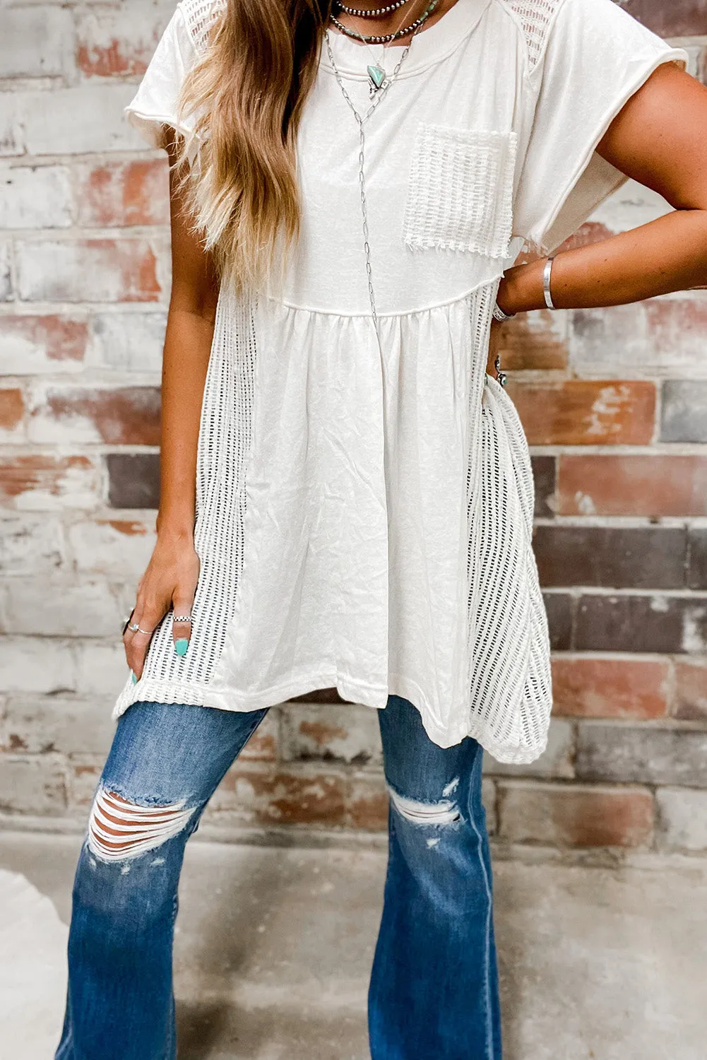 White Hollow Knit Splicing Keyhole Back Tunic Top