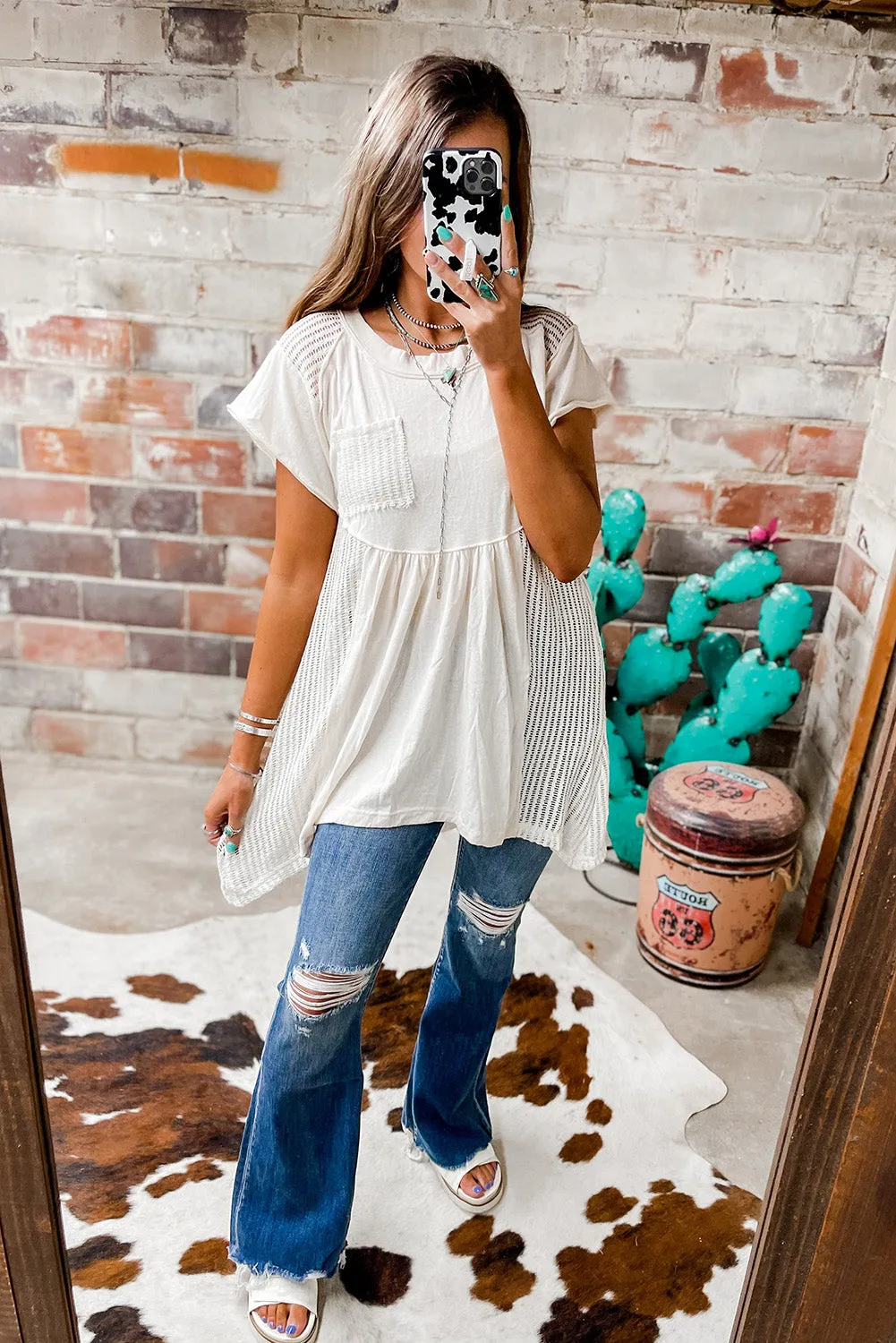 White Hollow Knit Splicing Keyhole Back Tunic Top