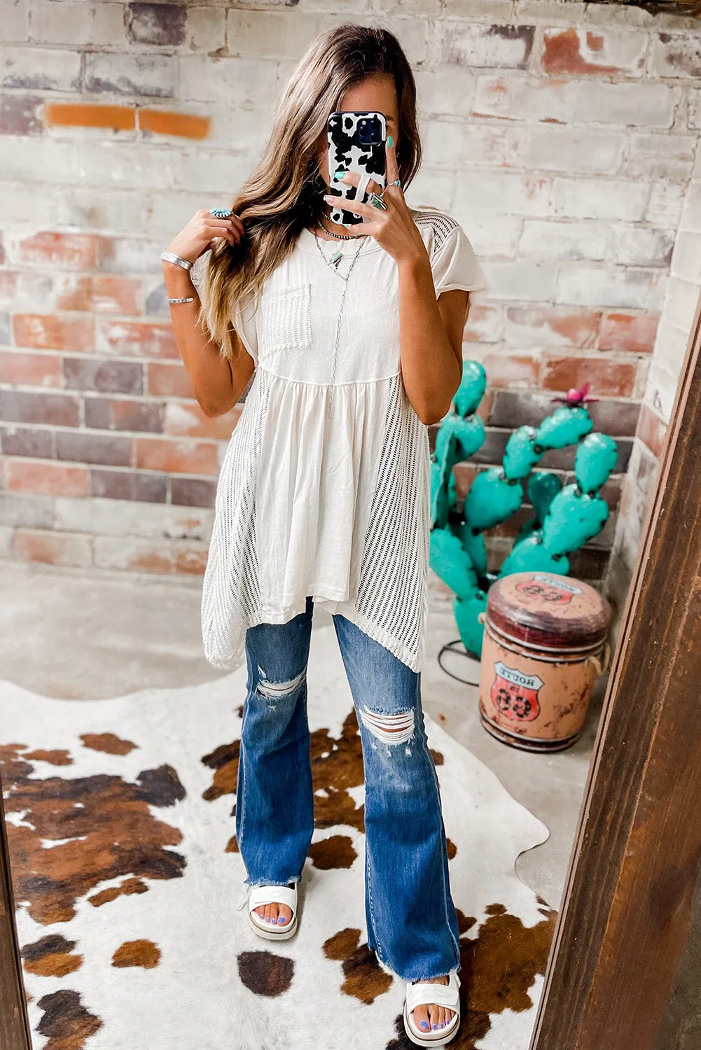 White Hollow Knit Splicing Keyhole Back Tunic Top