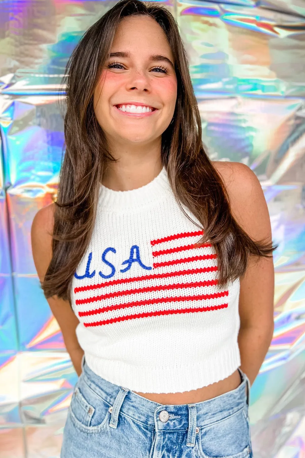 White USA Stripes Graphic Cropped Sweater Tank