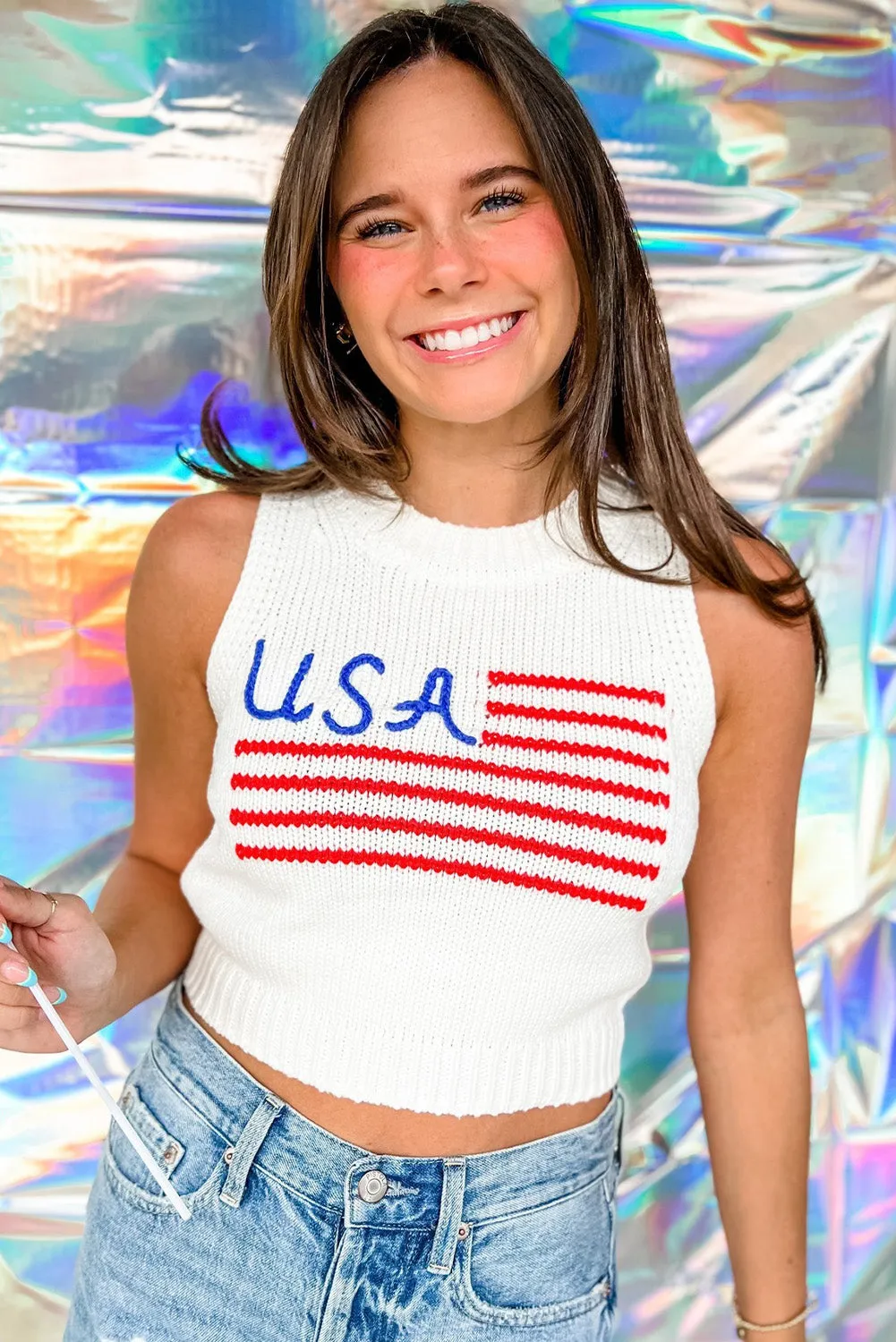 White USA Stripes Graphic Cropped Sweater Tank