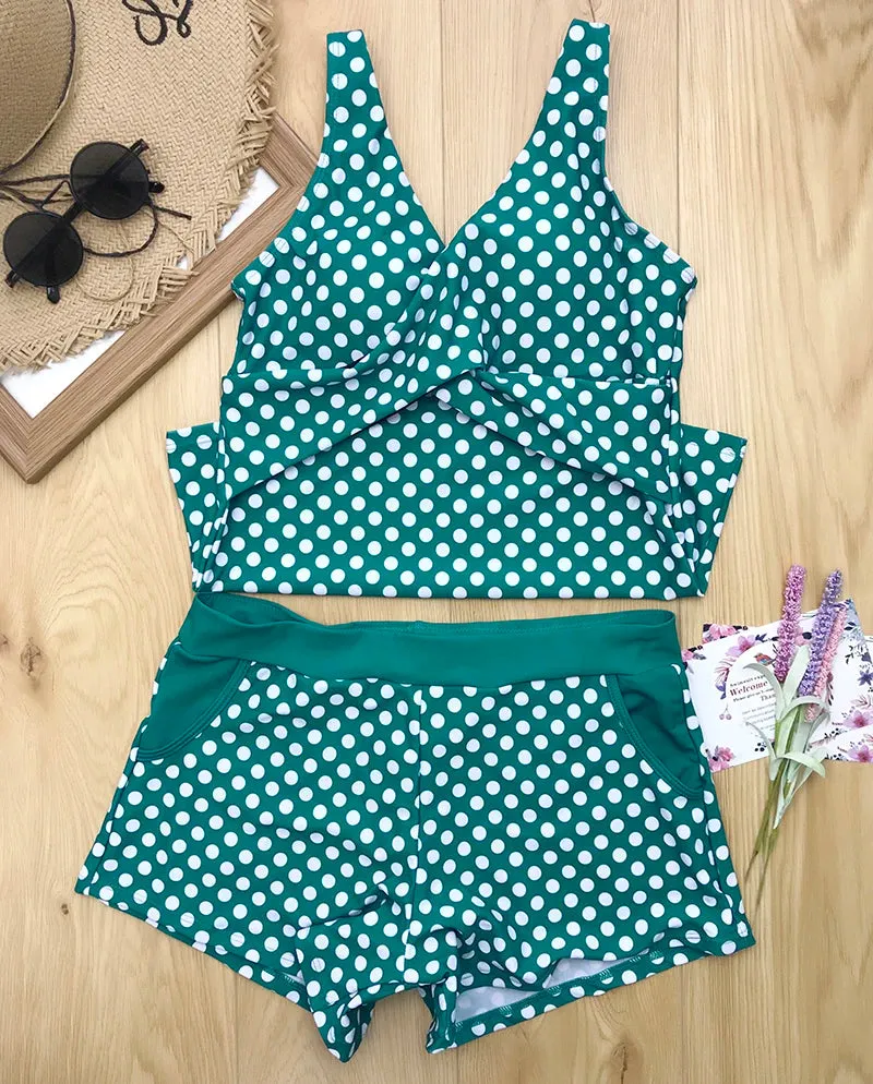 Women Dots Tankini Plus Size Swimwear Push Up Two Piece Swimsuit with Shorts High Waist Bathing Suit 2XL Polka Print Beachwear