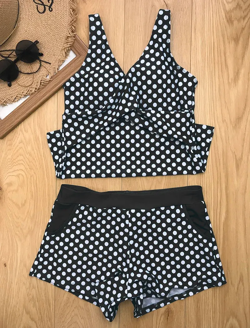 Women Dots Tankini Plus Size Swimwear Push Up Two Piece Swimsuit with Shorts High Waist Bathing Suit 2XL Polka Print Beachwear