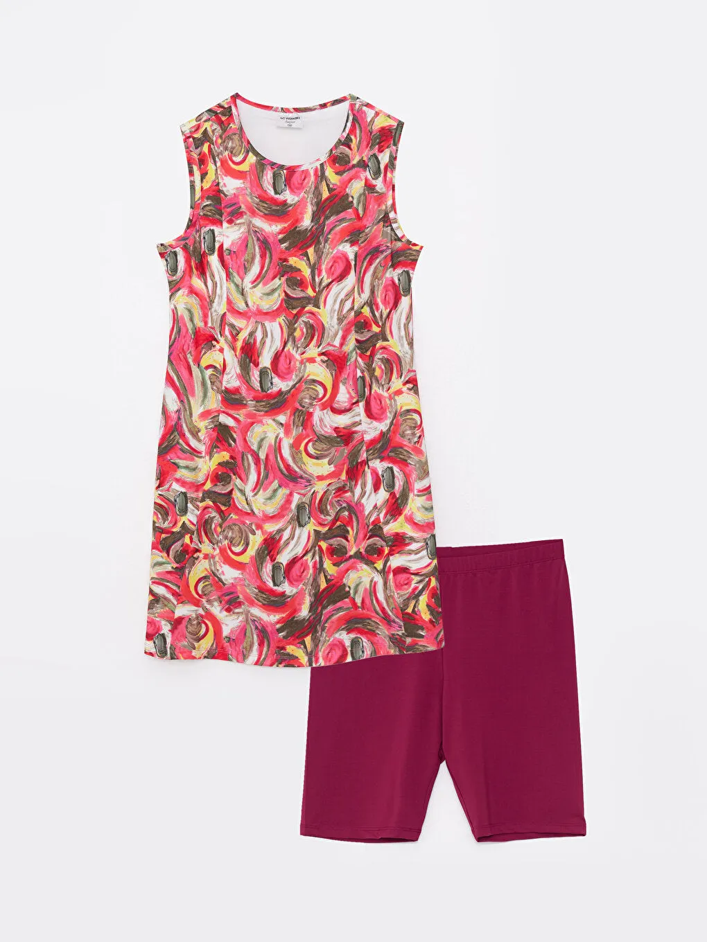 Women's Crew Neck Patterned Sleeveless Hijab Swimsuit Set