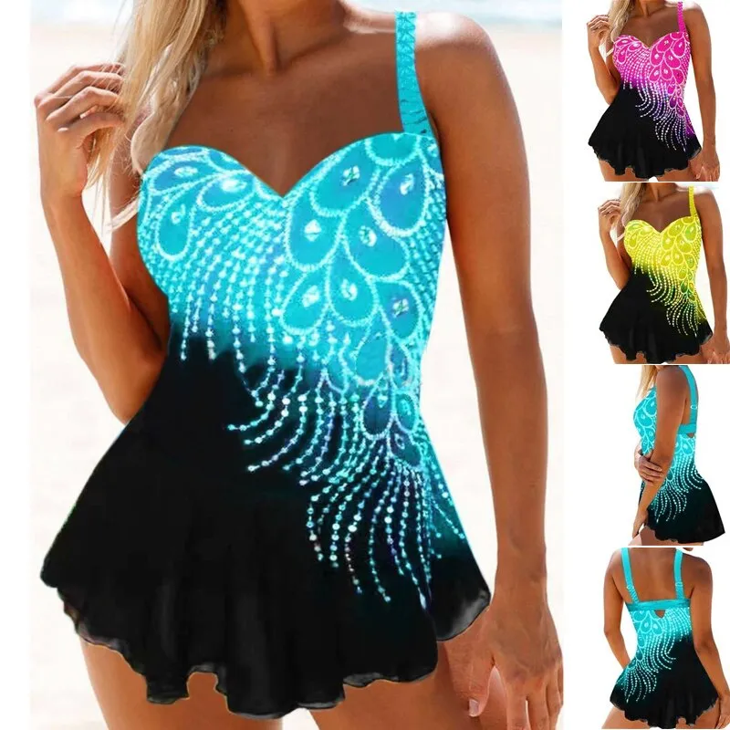 Womens Feather Print Tankini Swimwear With Brief Swim Costume Two Piece Tummy Control Swimsuit High Waist Bathing Suit Plus Size