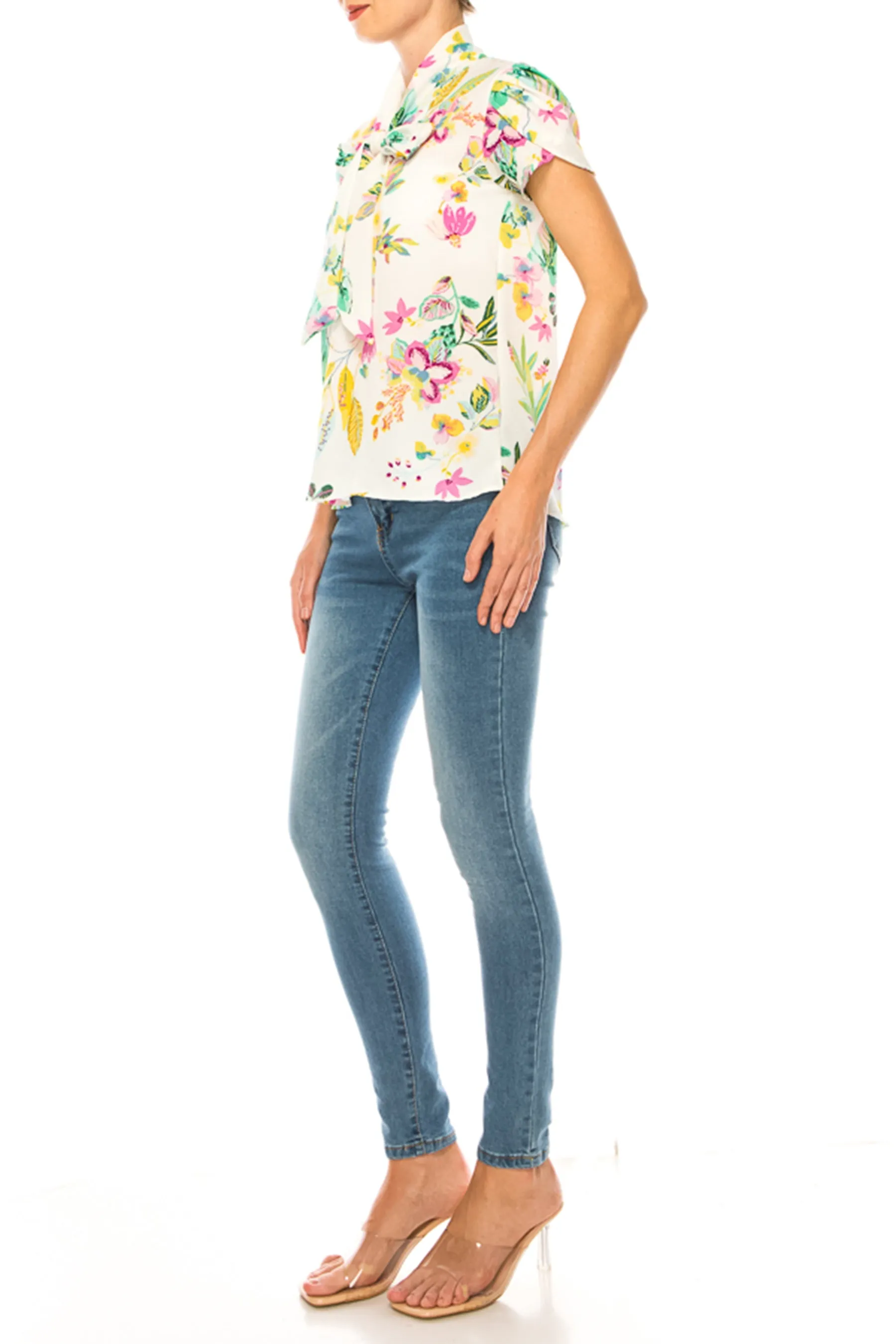 Women's Floral Print Overlapping Short Sleeve Top with Front Tie Collar