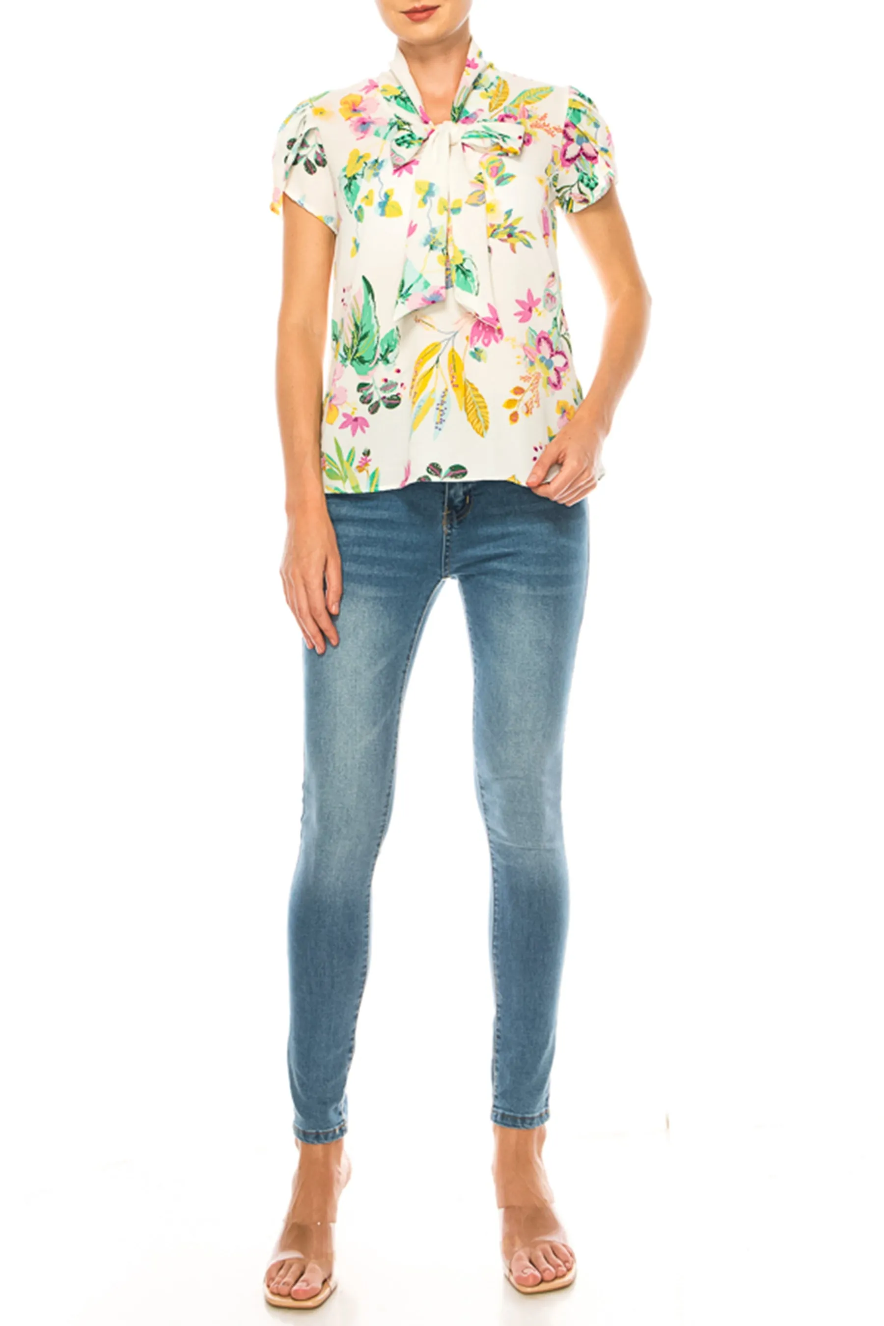 Women's Floral Print Overlapping Short Sleeve Top with Front Tie Collar