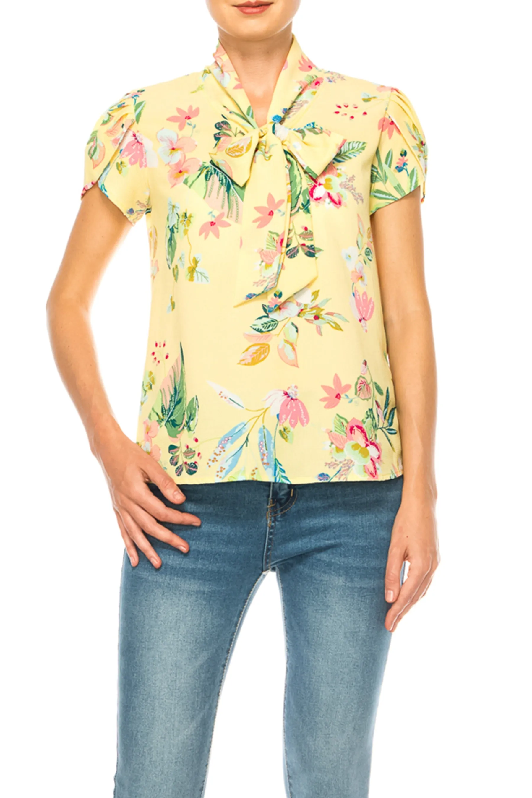Women's Floral Print Overlapping Short Sleeve Top with Front Tie Collar