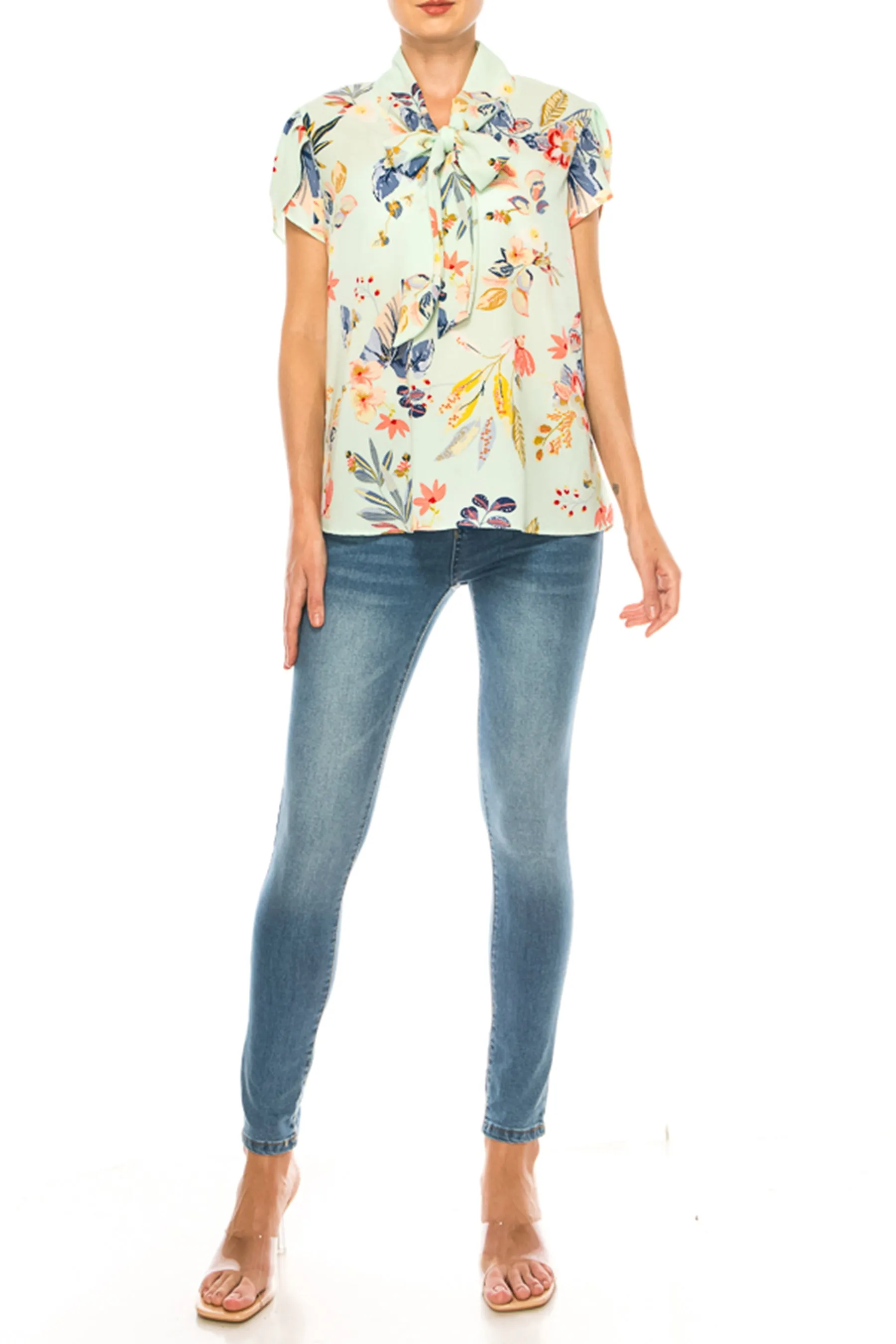 Women's Floral Print Overlapping Short Sleeve Top with Front Tie Collar