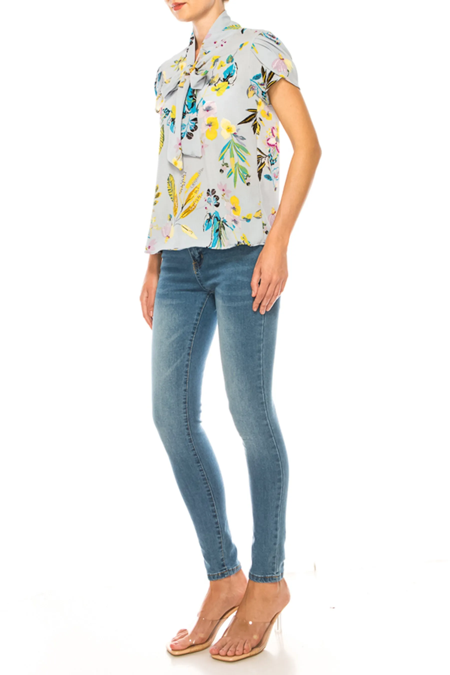 Women's Floral Print Overlapping Short Sleeve Top with Front Tie Collar