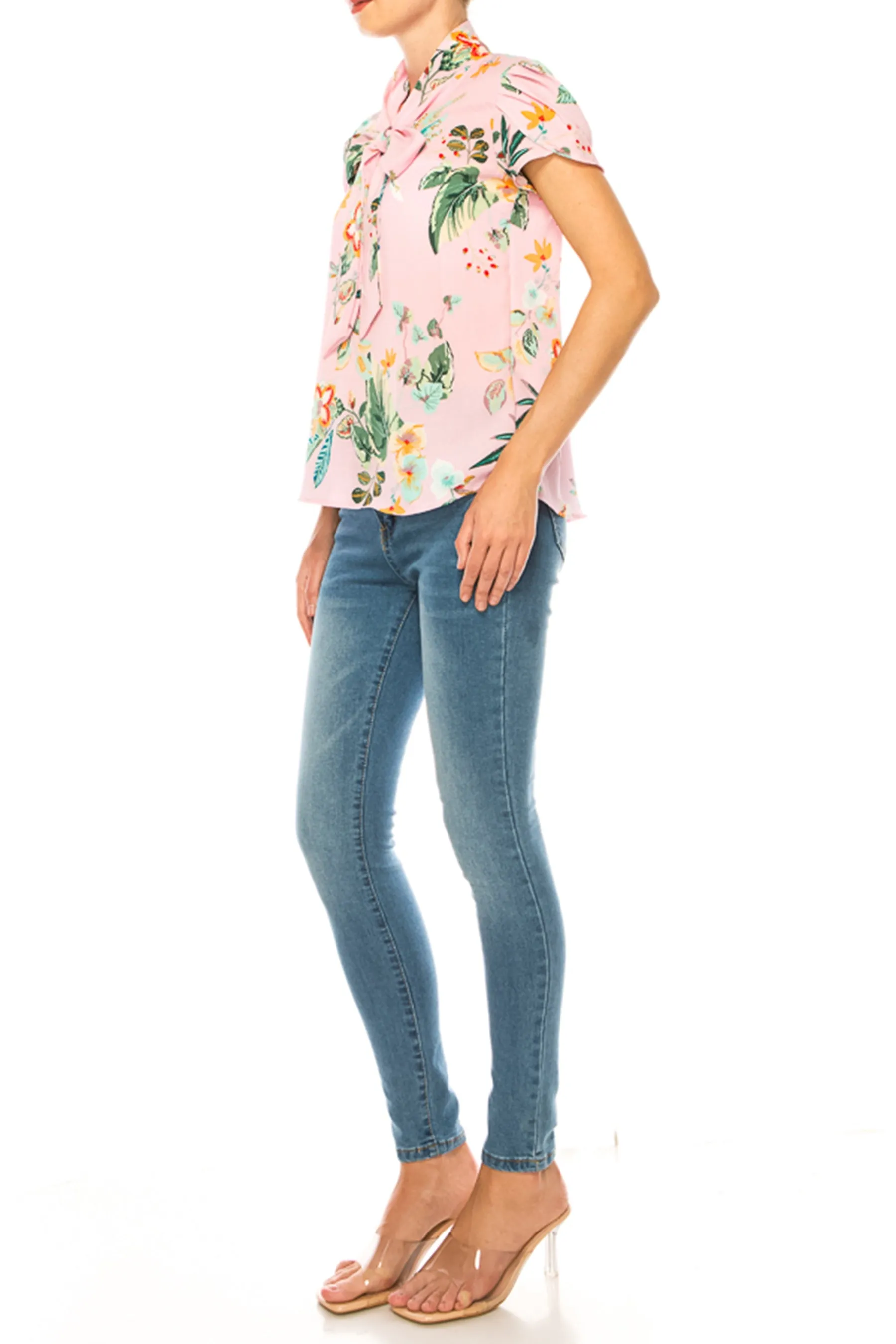 Women's Floral Print Overlapping Short Sleeve Top with Front Tie Collar