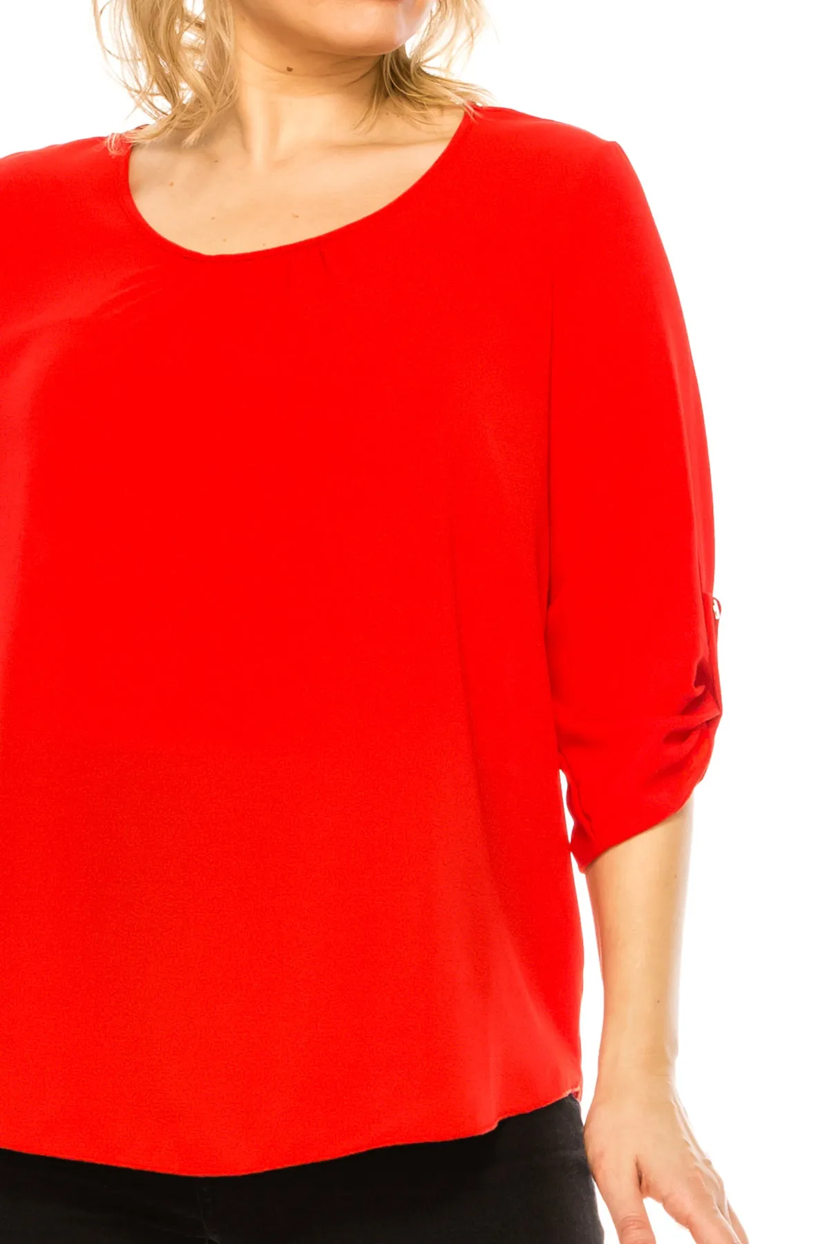 Women's Plus Size Casual Round Neck Loose Fit Roll Tab 3/4 Sleeve Shirt Blouse Tops