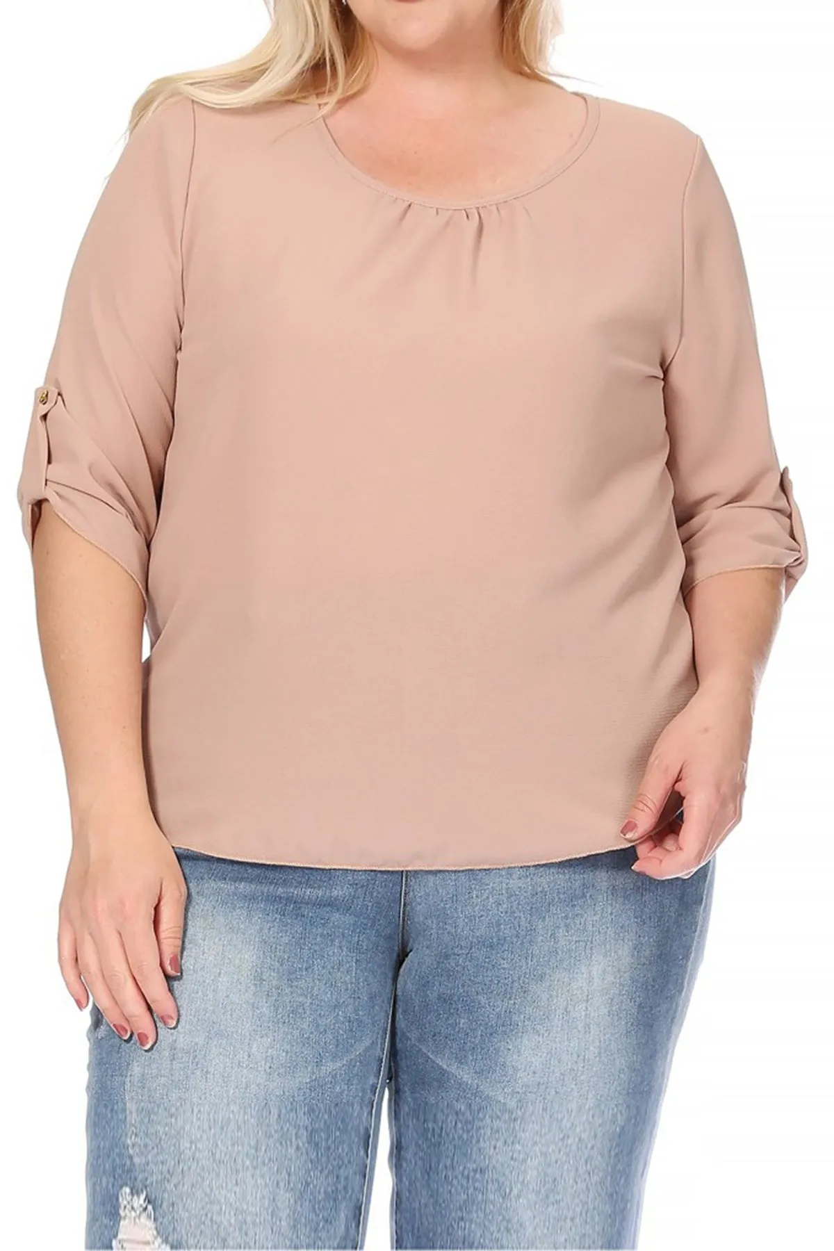 Women's Plus Size Casual Round Neck Loose Fit Roll Tab 3/4 Sleeve Shirt Blouse Tops