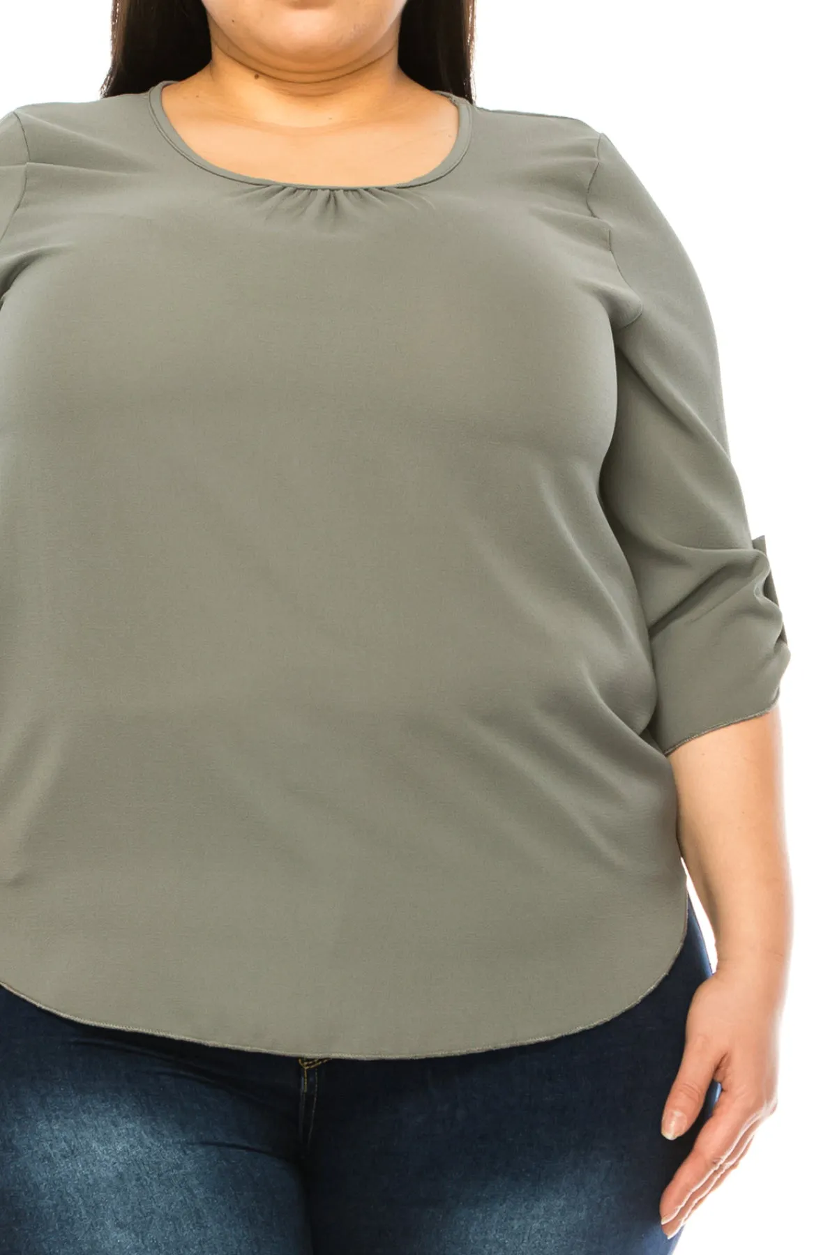 Women's Plus Size Casual Round Neck Loose Fit Roll Tab 3/4 Sleeve Shirt Blouse Tops