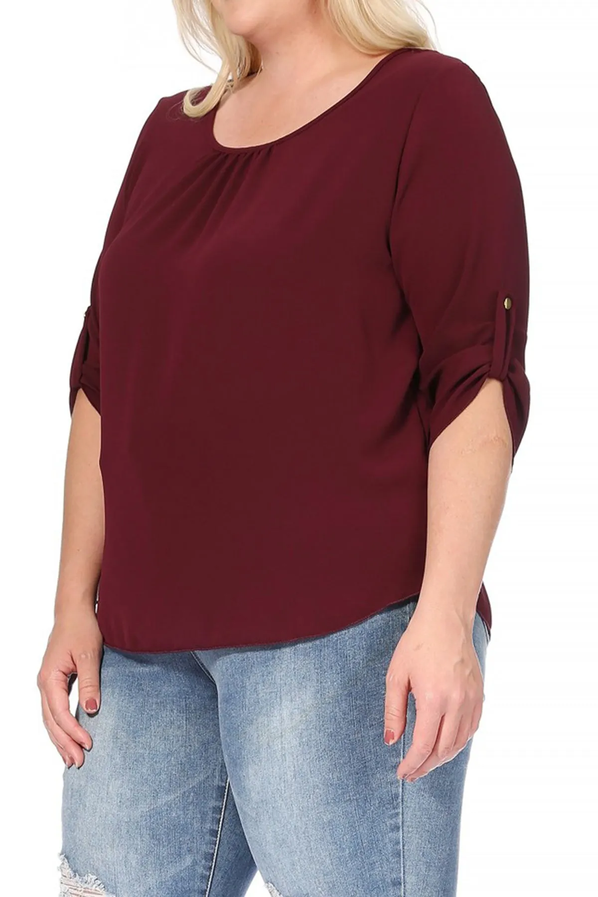 Women's Plus Size Casual Round Neck Loose Fit Roll Tab 3/4 Sleeve Shirt Blouse Tops