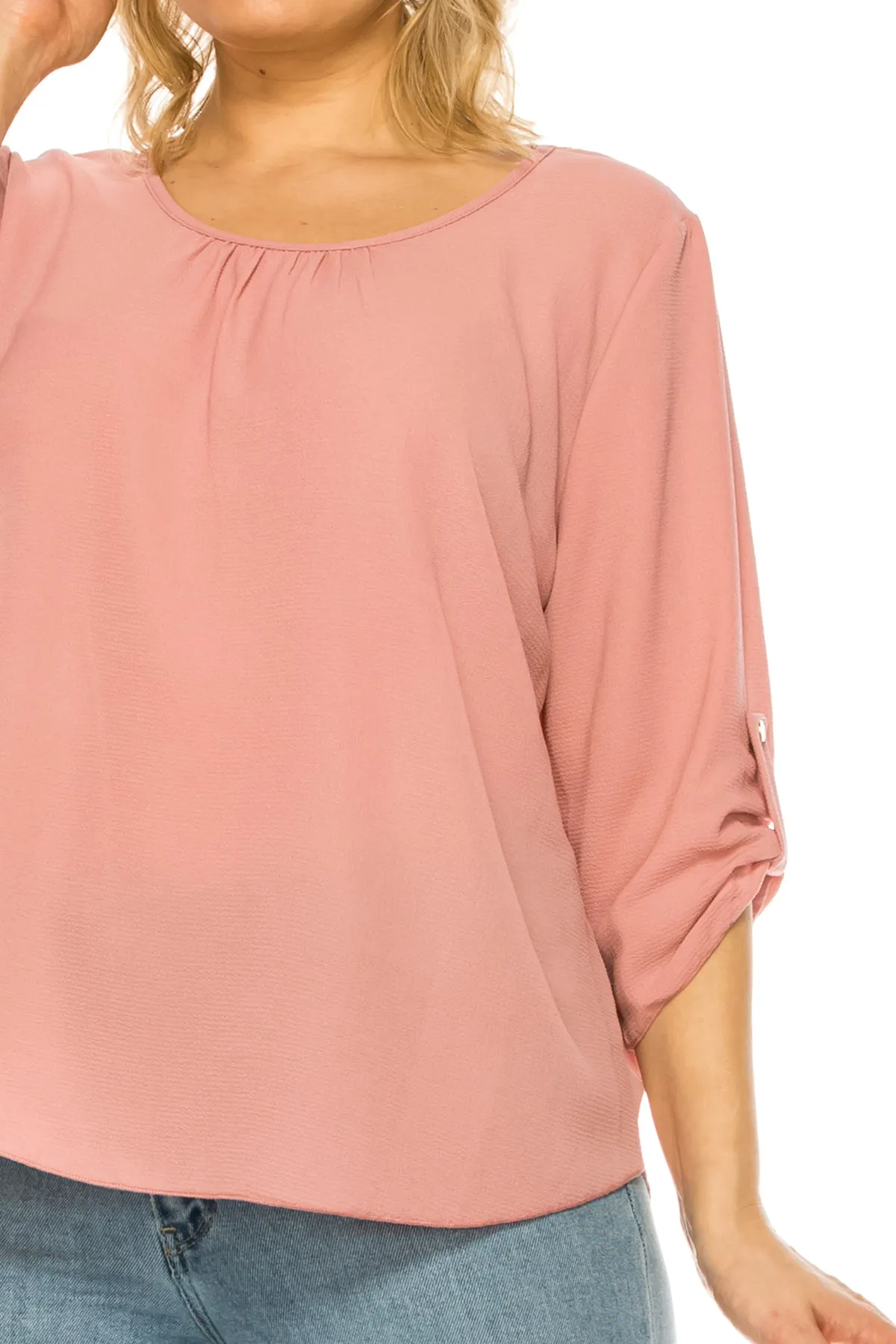 Women's Plus Size Casual Round Neck Loose Fit Roll Tab 3/4 Sleeve Shirt Blouse Tops