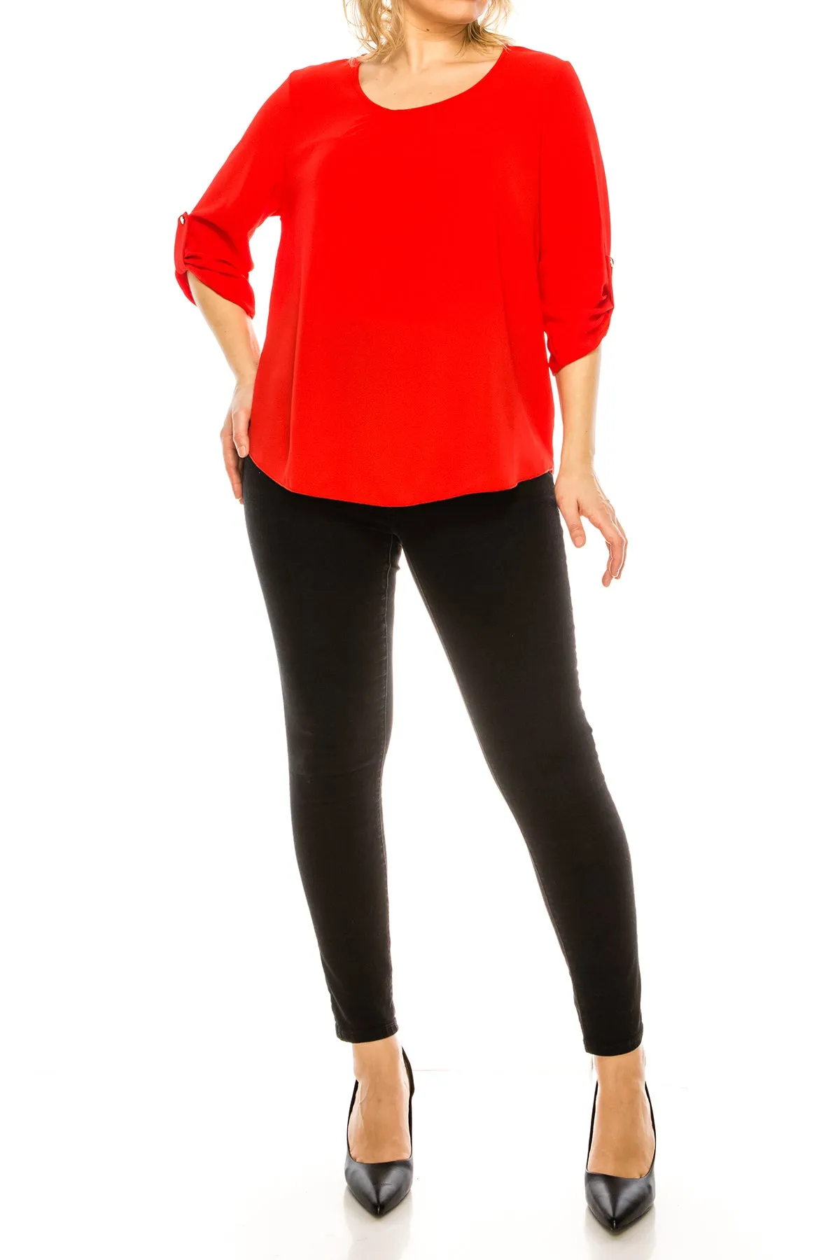 Women's Plus Size Casual Round Neck Loose Fit Roll Tab 3/4 Sleeve Shirt Blouse Tops