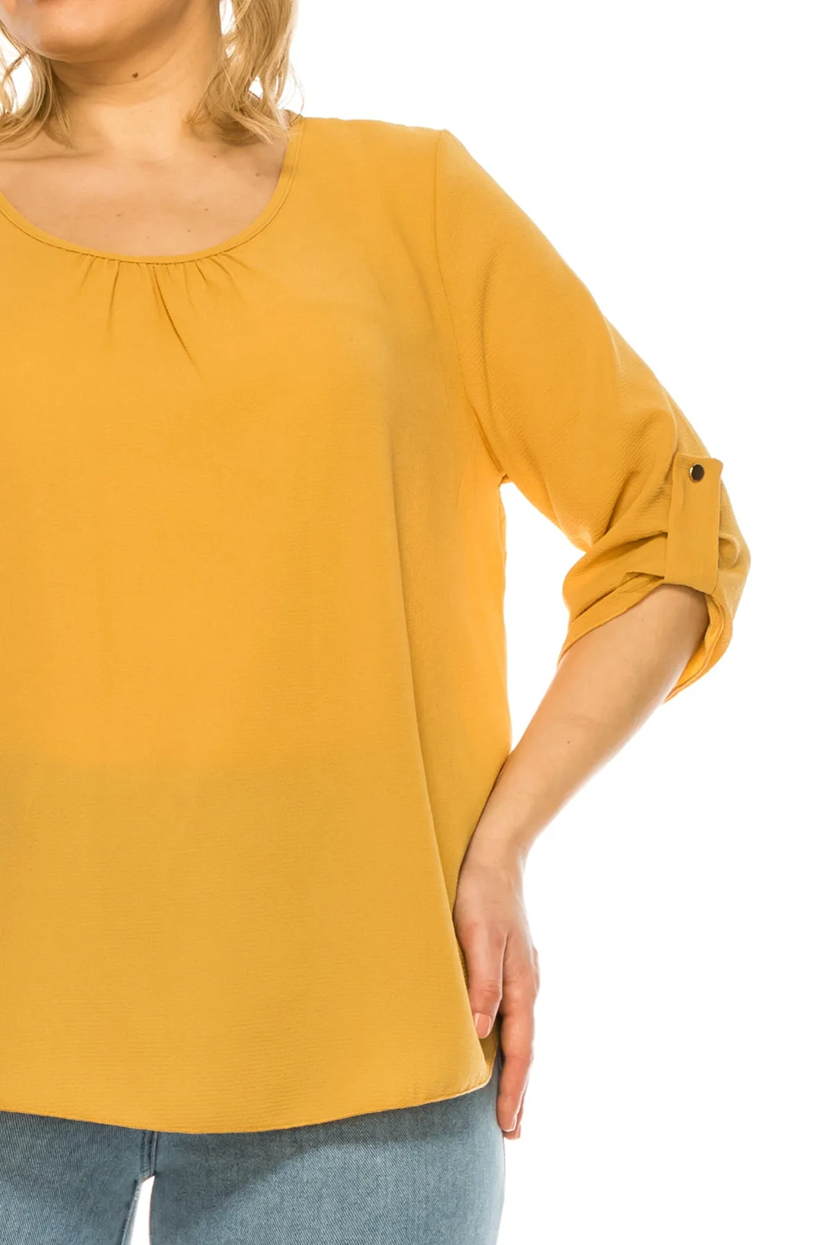 Women's Plus Size Casual Round Neck Loose Fit Roll Tab 3/4 Sleeve Shirt Blouse Tops