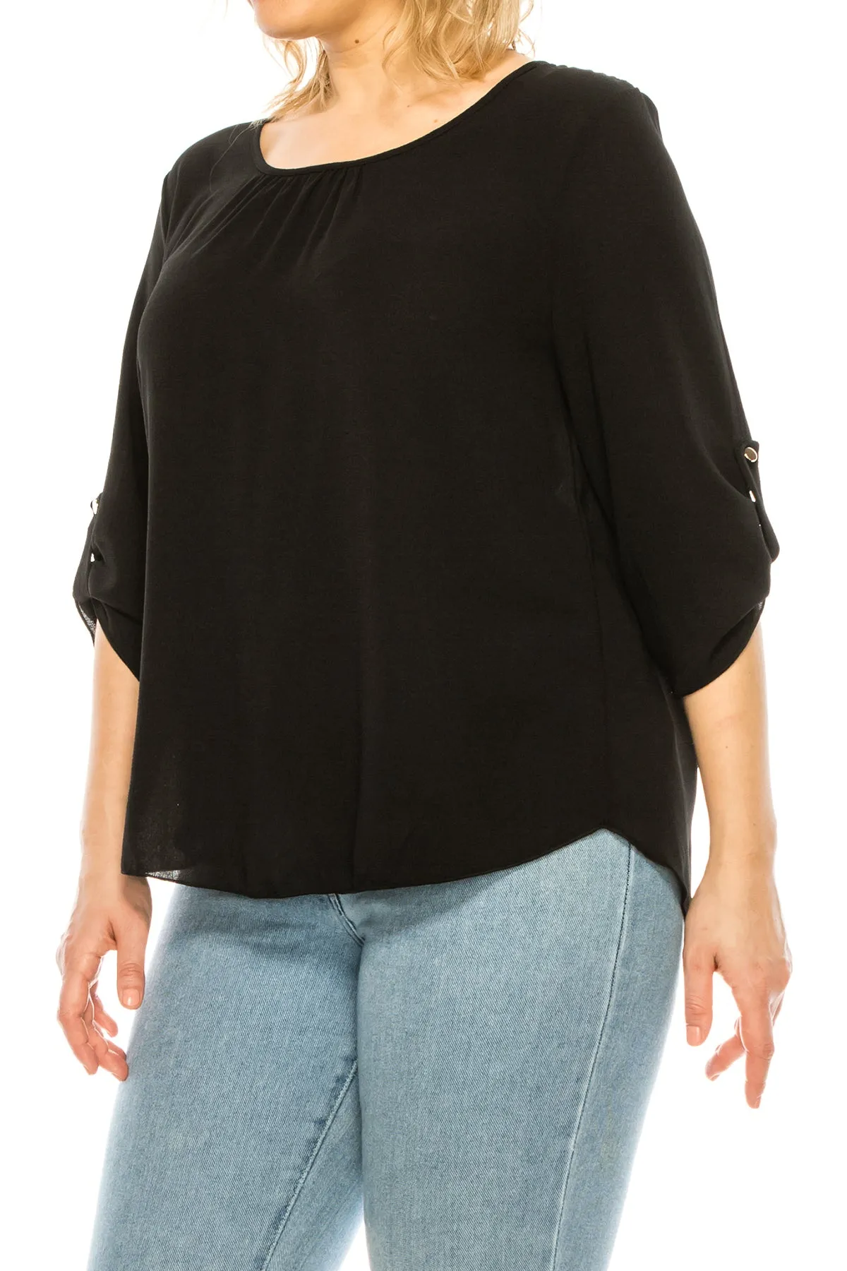 Women's Plus Size Casual Round Neck Loose Fit Roll Tab 3/4 Sleeve Shirt Blouse Tops