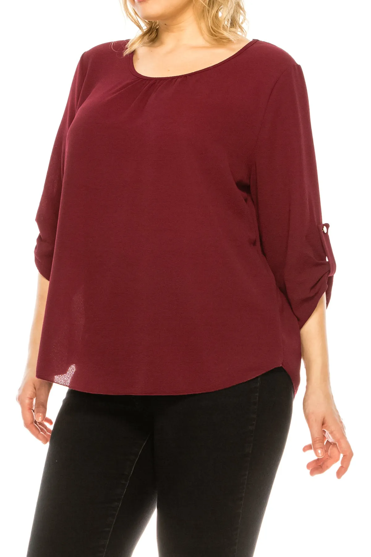 Women's Plus Size Casual Round Neck Loose Fit Roll Tab 3/4 Sleeve Shirt Blouse Tops
