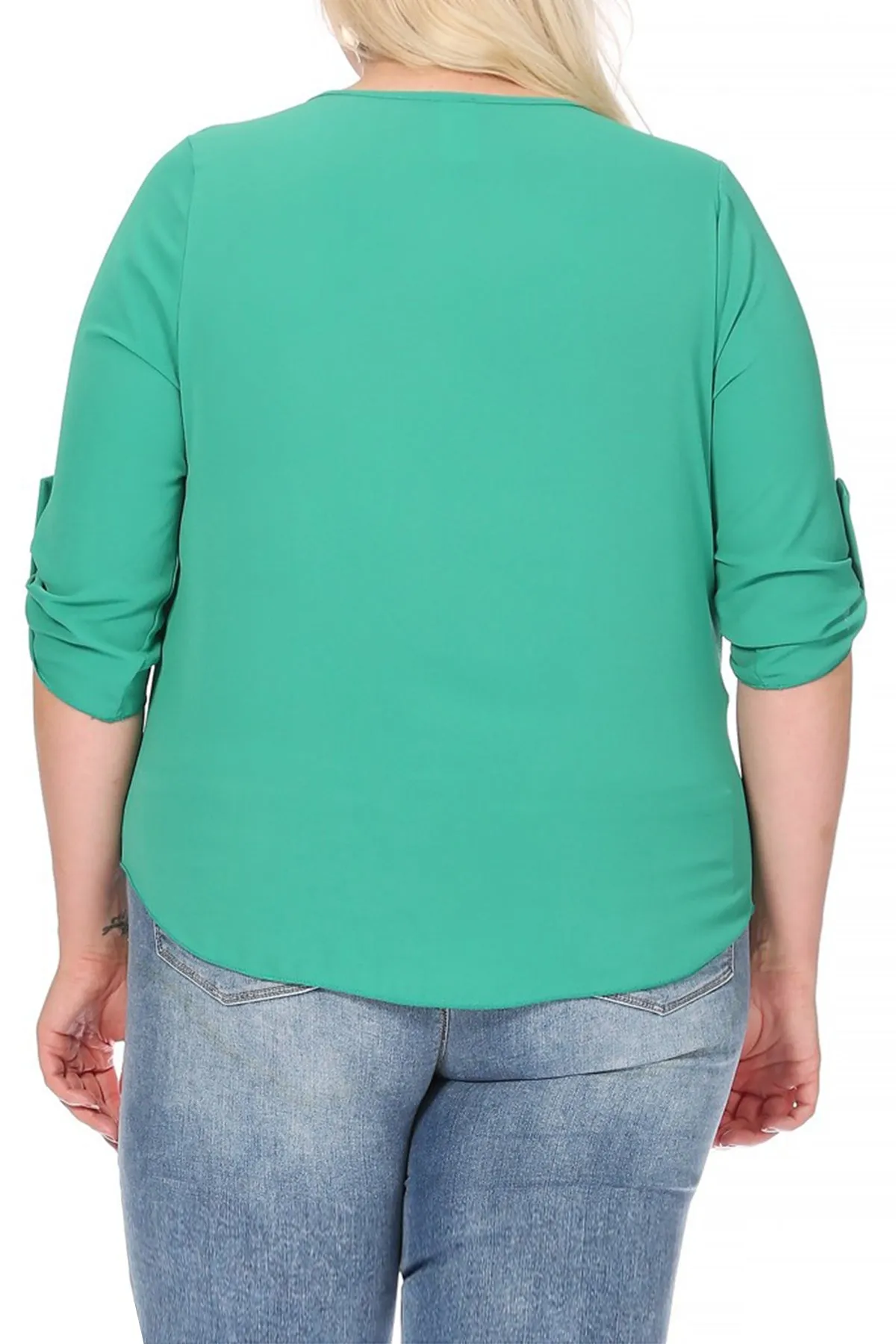 Women's Plus Size Casual Round Neck Loose Fit Roll Tab 3/4 Sleeve Shirt Blouse Tops