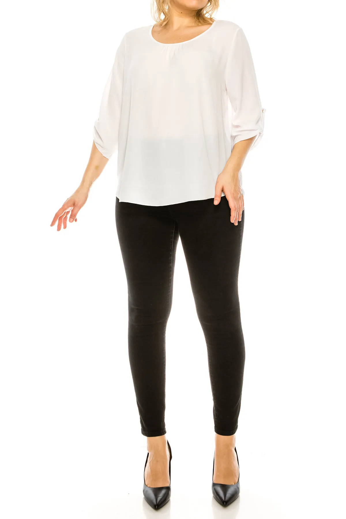 Women's Plus Size Casual Round Neck Loose Fit Roll Tab 3/4 Sleeve Shirt Blouse Tops
